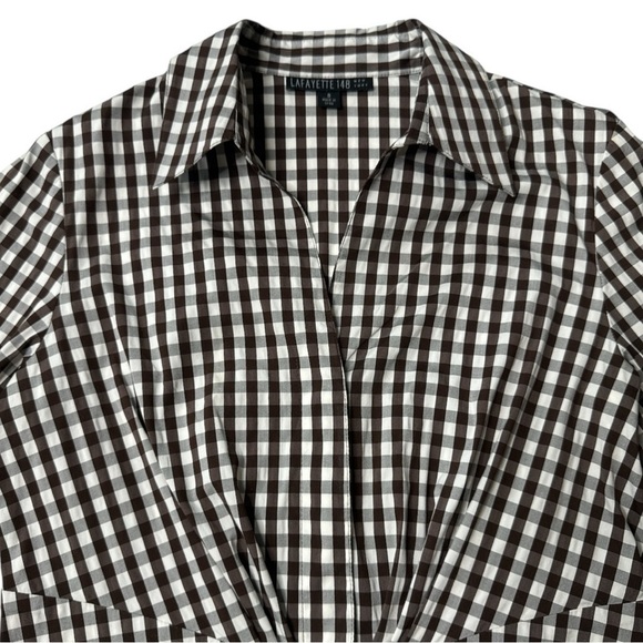 Lafayette 148 Brown Gingham Tie Waist Top Size: 8 - Picture 3 of 14